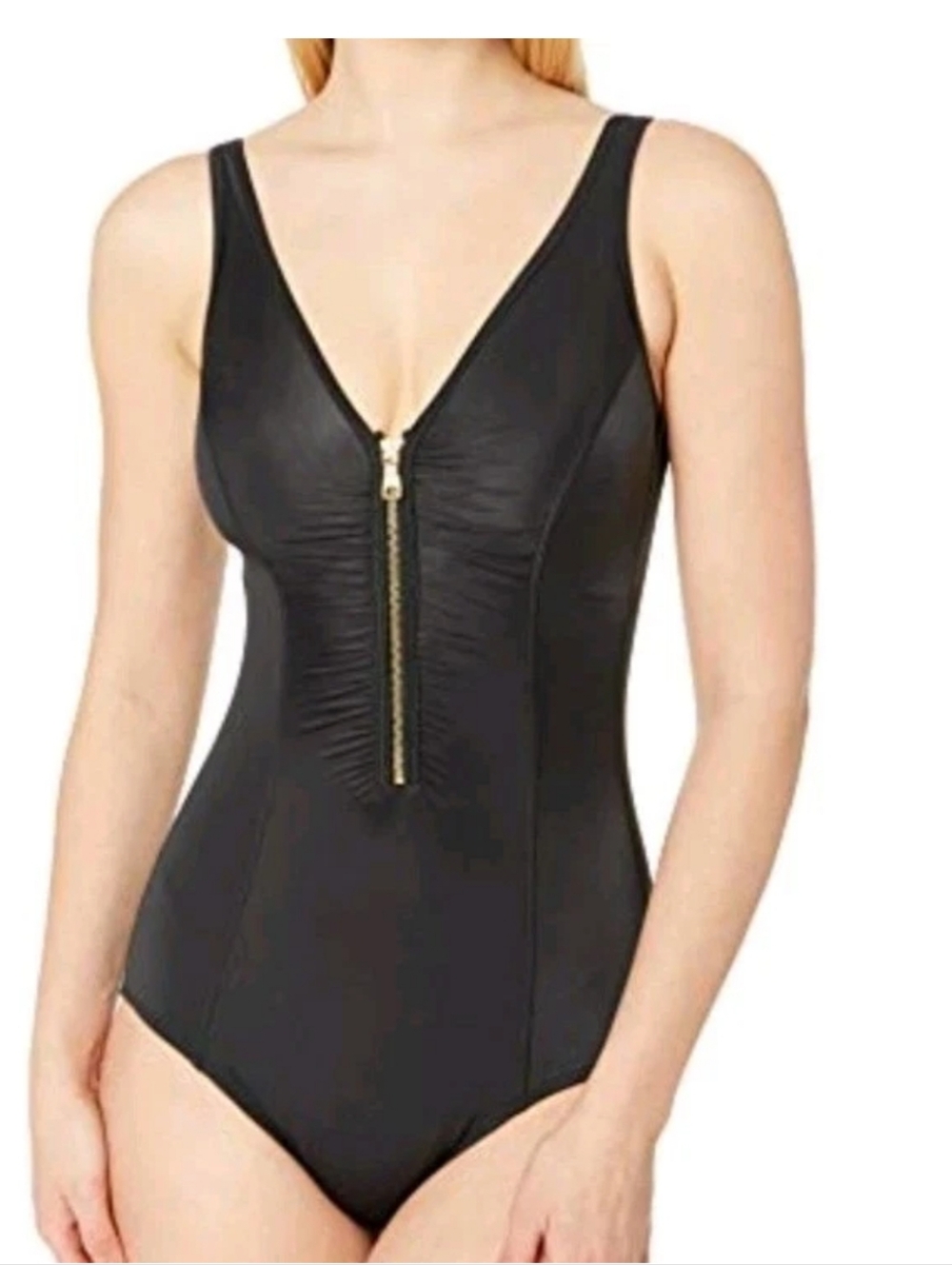 Coastal Blue Woman 2X Shirred Zip Front Swimsuit Black Wireless Tummy Control
